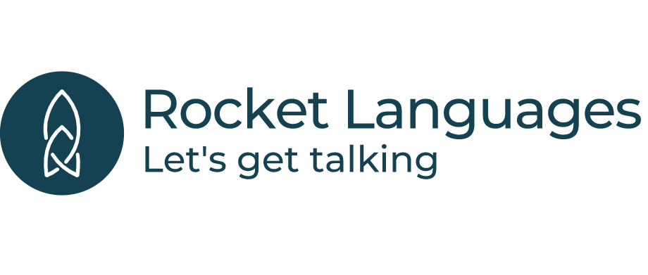 Dark blue logo for Rocket Languages - "Let's get talking"