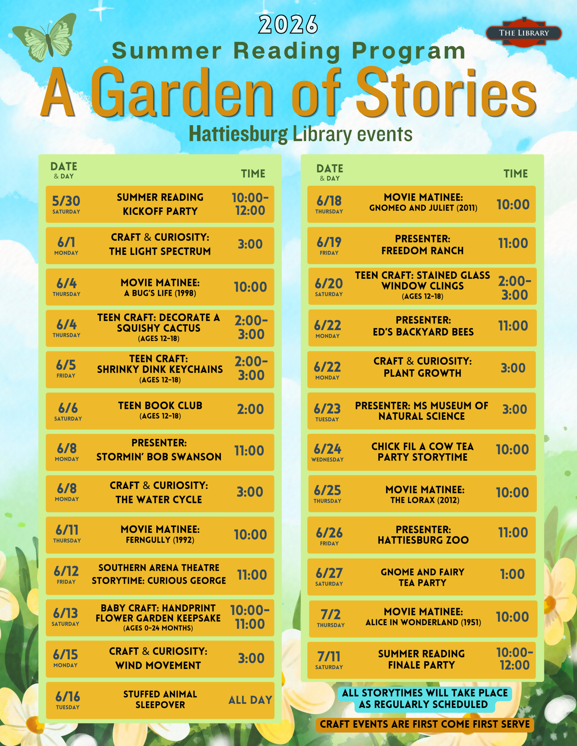 A calendar of Summer Reading Program events at the Hattiesburg Library.
